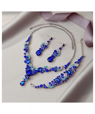 Rhinestone Crystal Bridal Art Deco Floral Wave Teardrop Necklace Earrings Bracelet Jewelry Set 9_Royal Blue Silver-Tone $16.5...