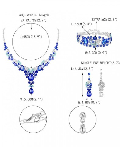 Rhinestone Crystal Bridal Art Deco Floral Wave Teardrop Necklace Earrings Bracelet Jewelry Set 9_Royal Blue Silver-Tone $16.5...