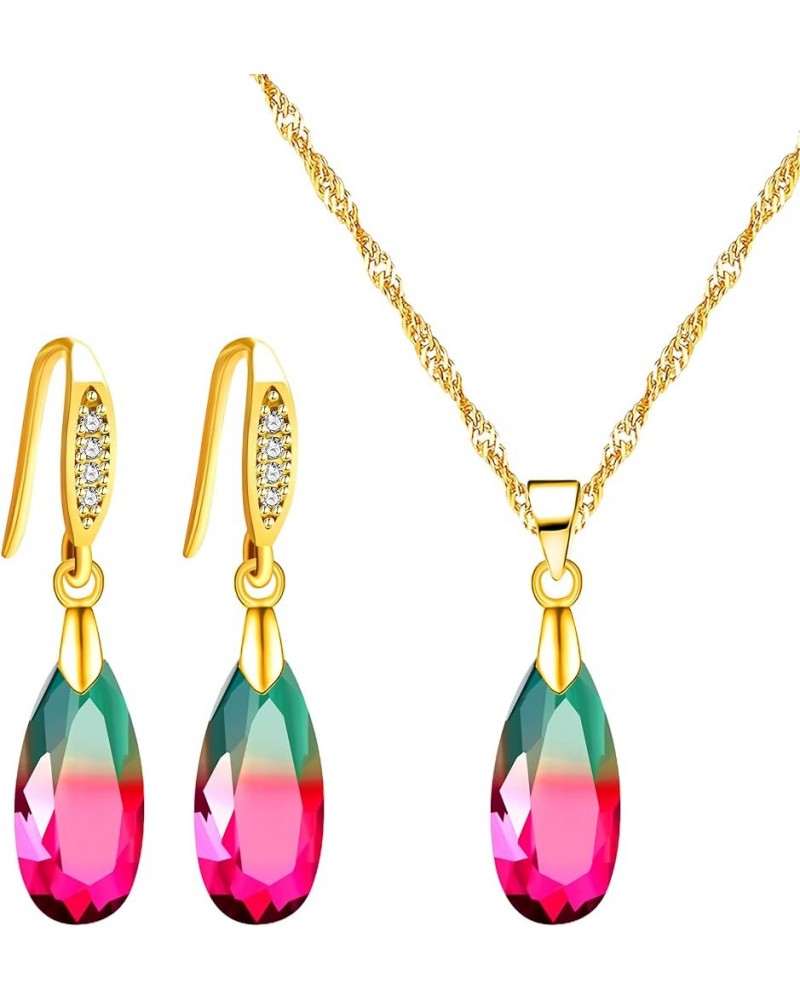 Gold Plated Gradient Color Dangle Drop Earrings and Necklace Set - Waterdrop Design Crystal Tourmaline Jewelry Set for Women ...