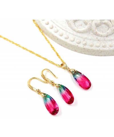 Gold Plated Gradient Color Dangle Drop Earrings and Necklace Set - Waterdrop Design Crystal Tourmaline Jewelry Set for Women ...