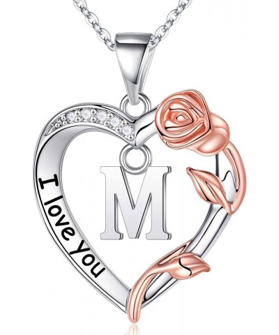 Rose Heart Initial Necklaces for Women Girls - I Love You Heart Initial Pendant Necklace Jewelry Birthday Gifts for Women Val...