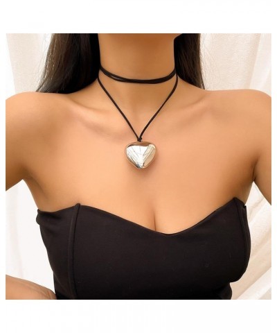 Chunky Puffy Heart Choker Necklace Big Glass Heart Pendant Necklace Adjustable Gothic Braided Black Velvet Chain for Women Gi...