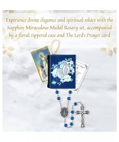 Rosary Miraculous Medal - with Miraculous Medal Prayer Card, Floral Zippered Rosary Case, The Lord's Prayer Card | Sapphire M...