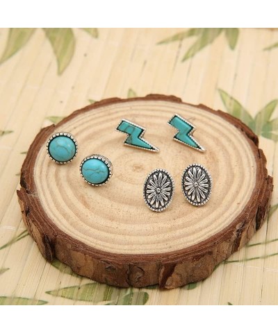 Bohemian Turquoise Lightning Bolt Stud Earrings Natural Green Stone Thunder Flash Earrings Western Cowgirl Punk Vintage Jewel...