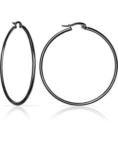 925 Sterling Silver Black Rhodium Flashed 2mm High Polished Round Click-Top Hoop Earrings for Women, Teen Girls 15mm-45mm 45m...