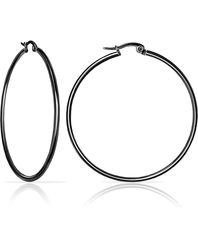 925 Sterling Silver Black Rhodium Flashed 2mm High Polished Round Click-Top Hoop Earrings for Women, Teen Girls 15mm-45mm 45m...