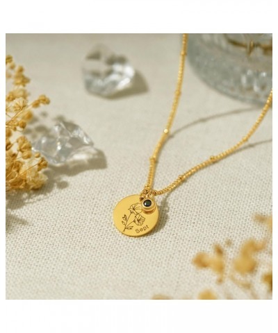 Gold Birth Flower Necklace 18K Gold Plated Disc Pendant with Birthstone Dainty Simple Minimalist Delicate Coin Jewelry Gift f...