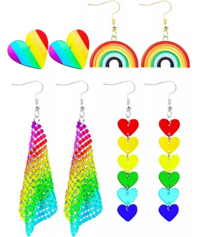 4 Pairs Rainbow Earrings Pride Earings Rainbow Accessories for Women Mesh Drop Clip On Earring Rainbow Heart Lightweight Chai...