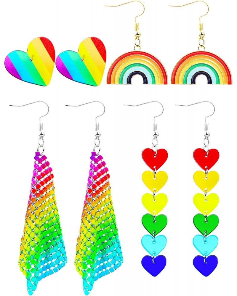 4 Pairs Rainbow Earrings Pride Earings Rainbow Accessories for Women Mesh Drop Clip On Earring Rainbow Heart Lightweight Chai...