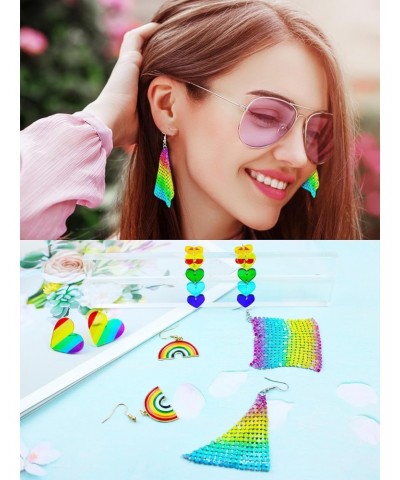 4 Pairs Rainbow Earrings Pride Earings Rainbow Accessories for Women Mesh Drop Clip On Earring Rainbow Heart Lightweight Chai...