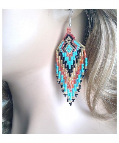 Southwestern Geometric Pattern Glass Seed Beaded Earrings Handmade Tribal Multicolor $10.00 Earrings