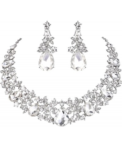 Women's Wedding Bridal Crystal Cluster Leaf Vine Teardrop Statement Necklace Dangle Earrings Set Clear Silver-Tone $13.80 Jew...