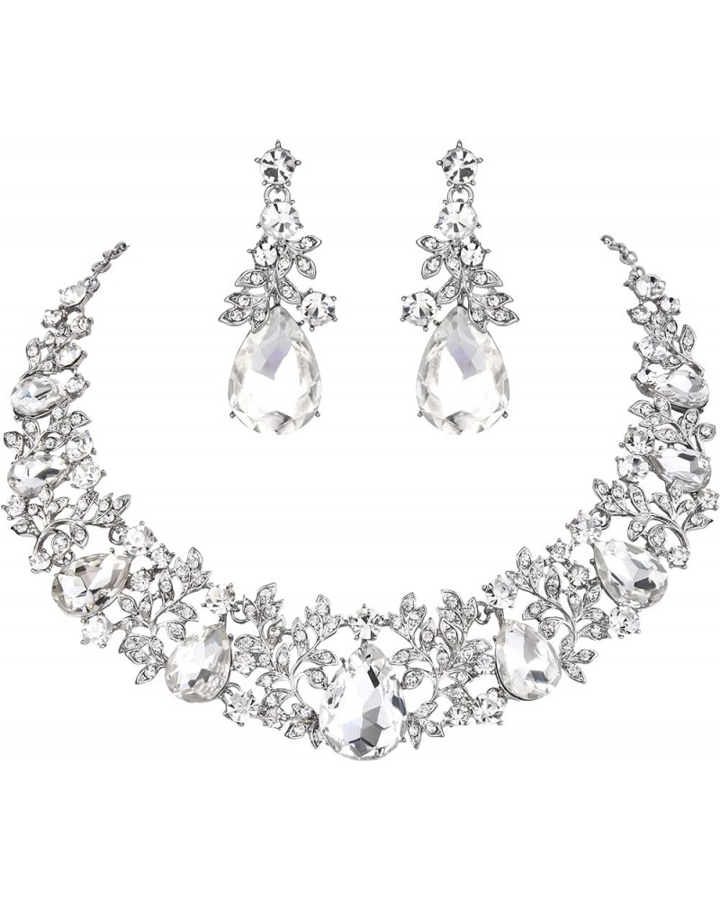 Women's Wedding Bridal Crystal Cluster Leaf Vine Teardrop Statement Necklace Dangle Earrings Set Clear Silver-Tone $13.80 Jew...