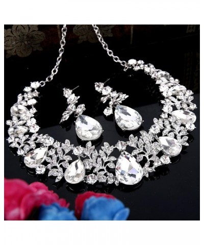 Women's Wedding Bridal Crystal Cluster Leaf Vine Teardrop Statement Necklace Dangle Earrings Set Clear Silver-Tone $13.80 Jew...