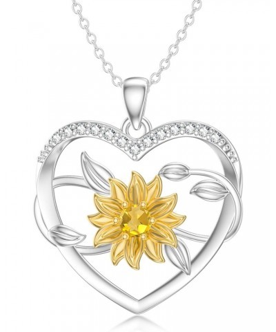 Solid 14K Gold Sunflower Necklace for Women,14kt White Gold/Yellow Gold Heart Sunflower Pendant You Are My Sunshine Jewelry G...