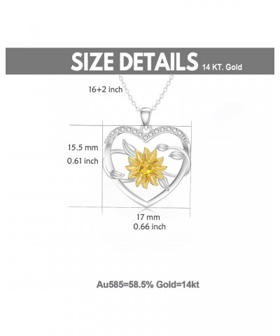 Solid 14K Gold Sunflower Necklace for Women,14kt White Gold/Yellow Gold Heart Sunflower Pendant You Are My Sunshine Jewelry G...