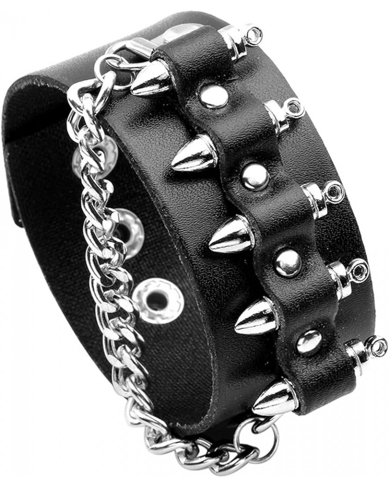 Punk Rock Snap Bracelet Bullet Chain Wristband Wide Leather Cuff Bracelet Black $7.29 Bracelets