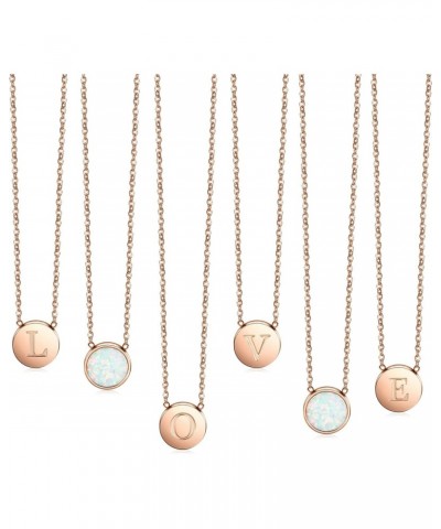 Opal Necklace Rose Gold Plated Round Disc Initial Necklace Engraved Letter Necklace with Adjustable Chain Pendant Enhancers f...