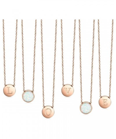 Opal Necklace Rose Gold Plated Round Disc Initial Necklace Engraved Letter Necklace with Adjustable Chain Pendant Enhancers f...