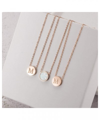 Opal Necklace Rose Gold Plated Round Disc Initial Necklace Engraved Letter Necklace with Adjustable Chain Pendant Enhancers f...