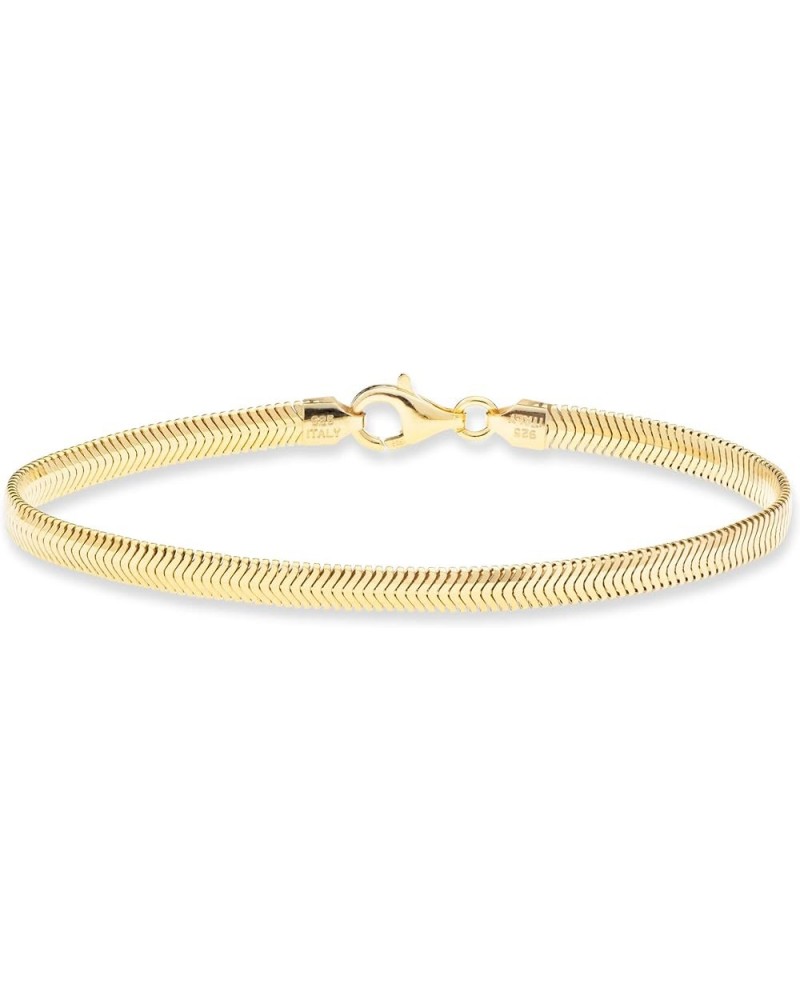 Italian 18K Gold Over 925 Sterling Silver 4mm Flat Snake Dome Herringbone Chain Link Bracelet for Women Men, Made in Italy Le...