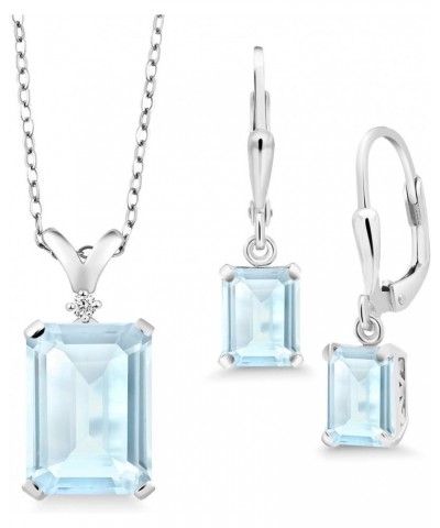 925 Sterling Silver Sky Blue Topaz and Diamond Pendant and Earrings Jewelry Set For Women (13.37 Cttw, Emerald Cut, Gemstone ...