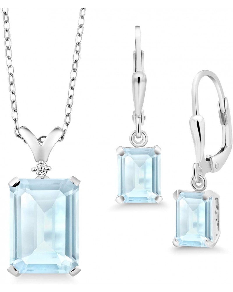 925 Sterling Silver Sky Blue Topaz and Diamond Pendant and Earrings Jewelry Set For Women (13.37 Cttw, Emerald Cut, Gemstone ...