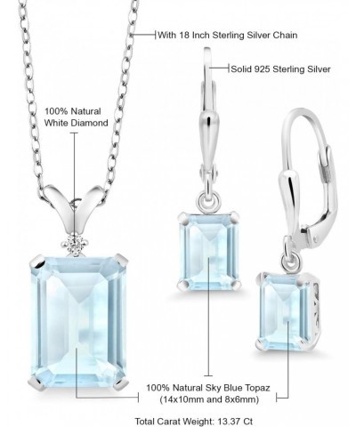 925 Sterling Silver Sky Blue Topaz and Diamond Pendant and Earrings Jewelry Set For Women (13.37 Cttw, Emerald Cut, Gemstone ...