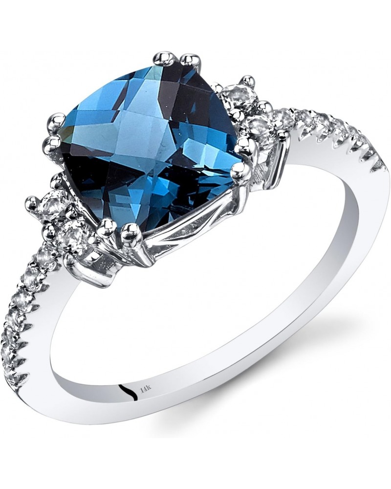 London Blue Topaz Ring for Women 14K White Gold with White Topaz, Natural Gemstone Birthstone, Designer 2.50 Carats Cushion C...