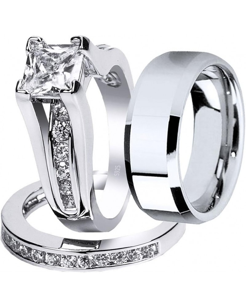 Wedding Ring Sets Couples Rings Women's Sterling Silver Princess CZ Men's Stainless Steel Bands Women's size 09 & Men's size ...