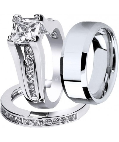 Wedding Ring Sets Couples Rings Women's Sterling Silver Princess CZ Men's Stainless Steel Bands Women's size 09 & Men's size ...