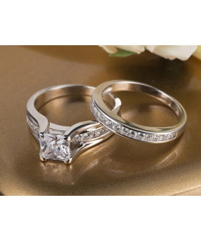 Wedding Ring Sets Couples Rings Women's Sterling Silver Princess CZ Men's Stainless Steel Bands Women's size 09 & Men's size ...