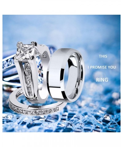 Wedding Ring Sets Couples Rings Women's Sterling Silver Princess CZ Men's Stainless Steel Bands Women's size 09 & Men's size ...