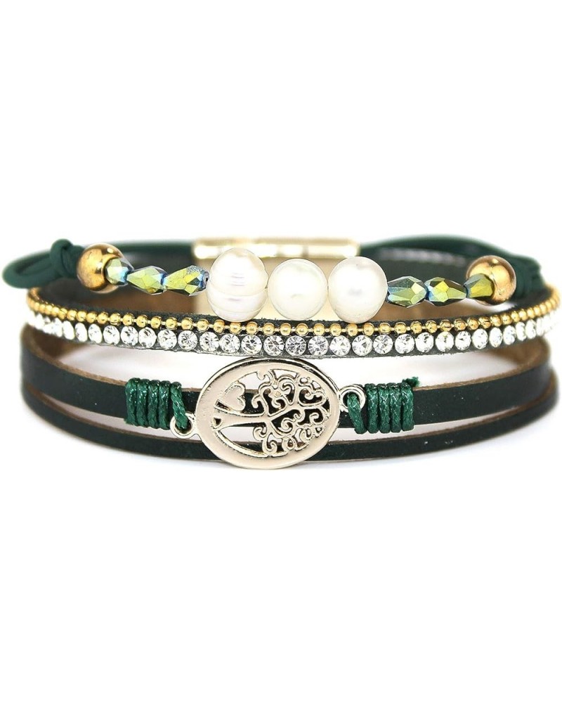 Multilayer Leather Wrap Bracelet Boho Leather Cuff Bangle Bracelet for Women Tree of Life/Pearl- Green $9.68 Bracelets