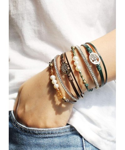 Multilayer Leather Wrap Bracelet Boho Leather Cuff Bangle Bracelet for Women Tree of Life/Pearl- Green $9.68 Bracelets