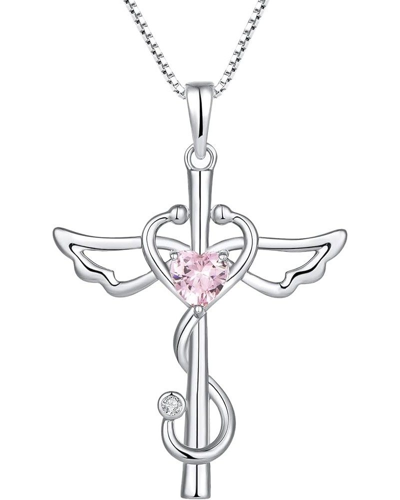 Stethoscope Cross Pendant Necklace 925 Sterling Silver Angel Wings Heart Nurse Jewelry for Women 10-Pink Tourmaline-Oct $23.6...