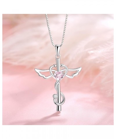 Stethoscope Cross Pendant Necklace 925 Sterling Silver Angel Wings Heart Nurse Jewelry for Women 10-Pink Tourmaline-Oct $23.6...