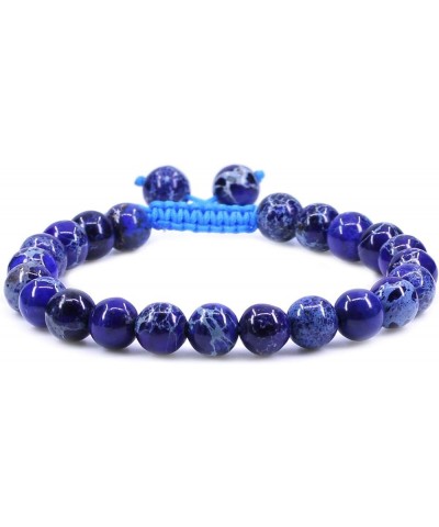 Natural Gemstone 8mm Round Beads Adjustable Braided Macrame Tassels Chakra Reiki Bracelet Blue Sea Sediment $7.45 Bracelets