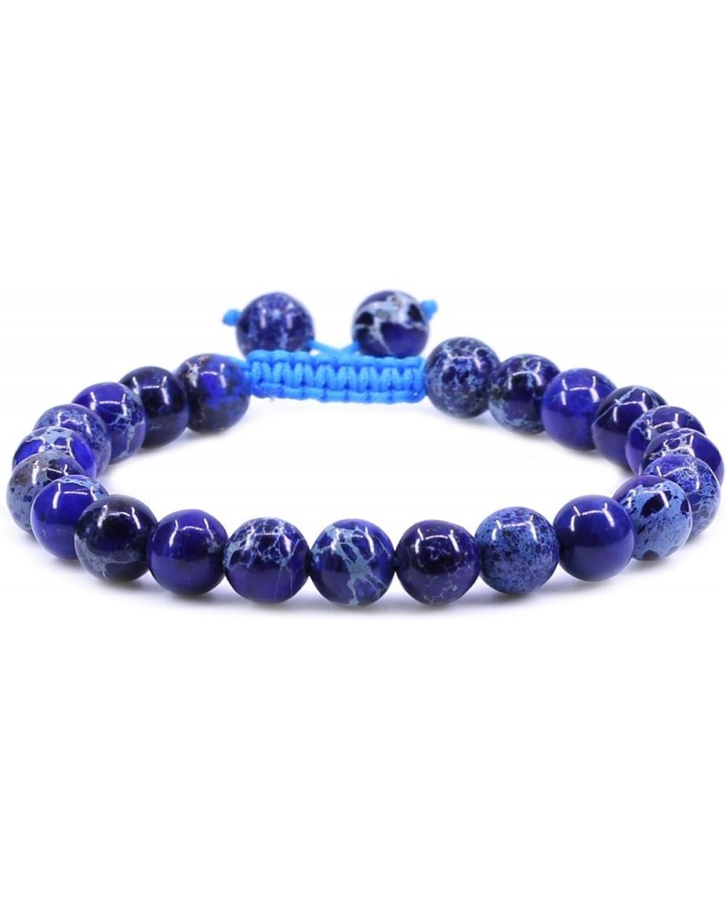 Natural Gemstone 8mm Round Beads Adjustable Braided Macrame Tassels Chakra Reiki Bracelet Blue Sea Sediment $7.45 Bracelets