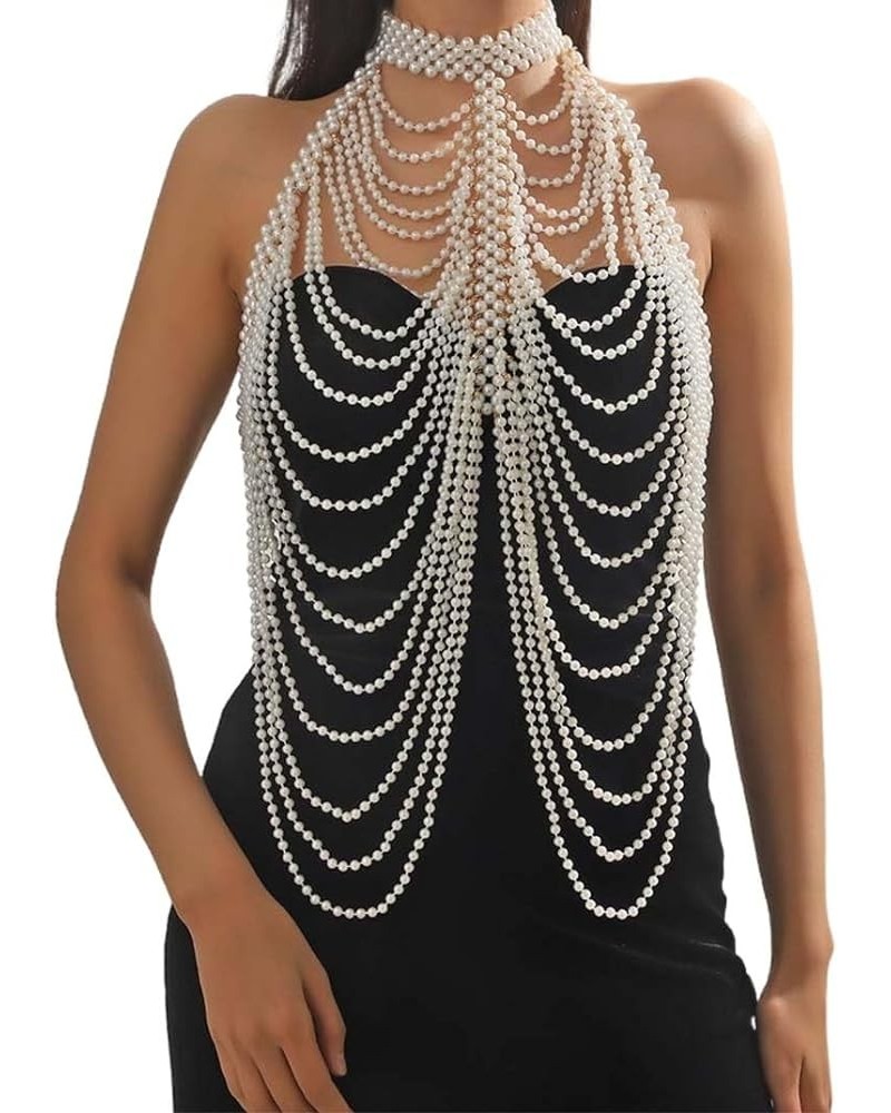 Pearl Body Chain Shoulder Shawl Necklaces Bra Chain Beaded Backless Body Jewelry Sexy Bikini Chest Chains Rave Outfit for Wom...