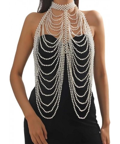 Pearl Body Chain Shoulder Shawl Necklaces Bra Chain Beaded Backless Body Jewelry Sexy Bikini Chest Chains Rave Outfit for Wom...