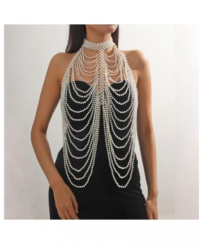 Pearl Body Chain Shoulder Shawl Necklaces Bra Chain Beaded Backless Body Jewelry Sexy Bikini Chest Chains Rave Outfit for Wom...