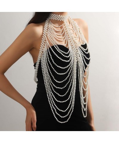 Pearl Body Chain Shoulder Shawl Necklaces Bra Chain Beaded Backless Body Jewelry Sexy Bikini Chest Chains Rave Outfit for Wom...