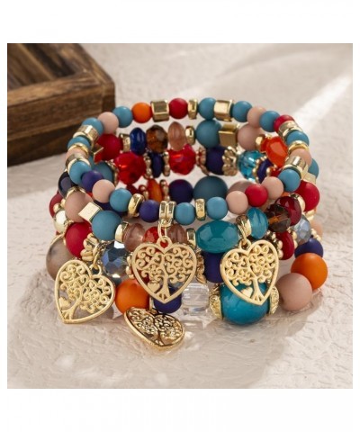 4Pcs Set Bohemian Heart Tree Crystal Stretch Pendant Bracelets for Women Girls Gold Beaded Stackable Stretch Bracelet Colorfu...