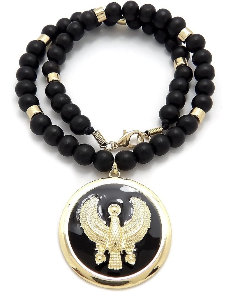 Egyptian Horus Bird Medallion Pendant 10mm 18",20",24", 30" Wooden Bead Necklace Gold + Black $11.72 Necklaces