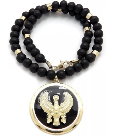 Egyptian Horus Bird Medallion Pendant 10mm 18",20",24", 30" Wooden Bead Necklace Gold + Black $11.72 Necklaces