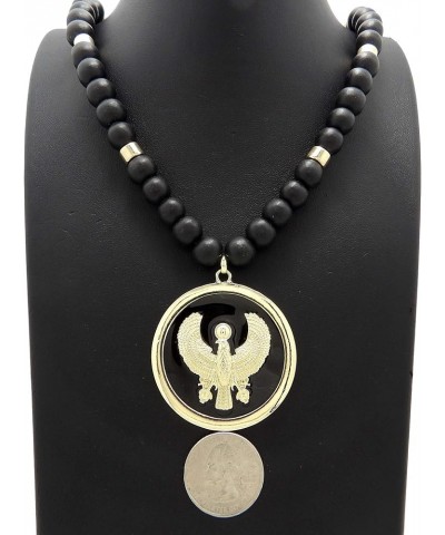 Egyptian Horus Bird Medallion Pendant 10mm 18",20",24", 30" Wooden Bead Necklace Gold + Black $11.72 Necklaces