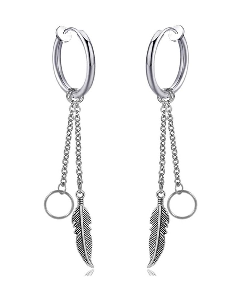 Punk Jewelry Stainless Steel Huggie Hinged Earrings Feather Dangle Drop Earrings Steel(Clip On) $7.79 Earrings