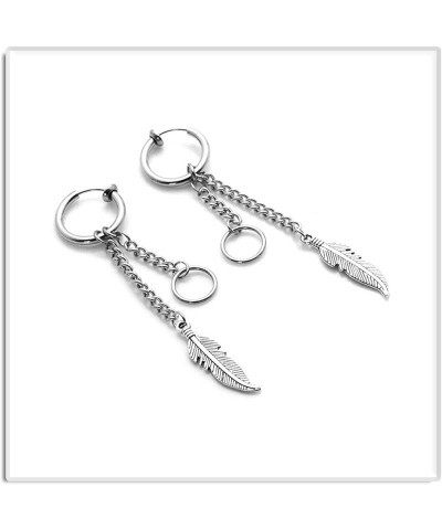 Punk Jewelry Stainless Steel Huggie Hinged Earrings Feather Dangle Drop Earrings Steel(Clip On) $7.79 Earrings