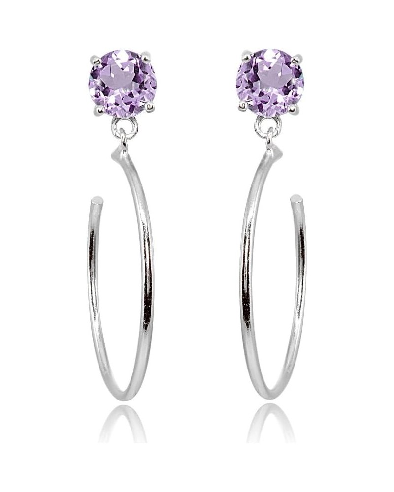 Sterling Silver 5mm Gemstone Dangling Round Half Hoop Stud Earrings Amethyst - Sterling Silver $13.33 Earrings